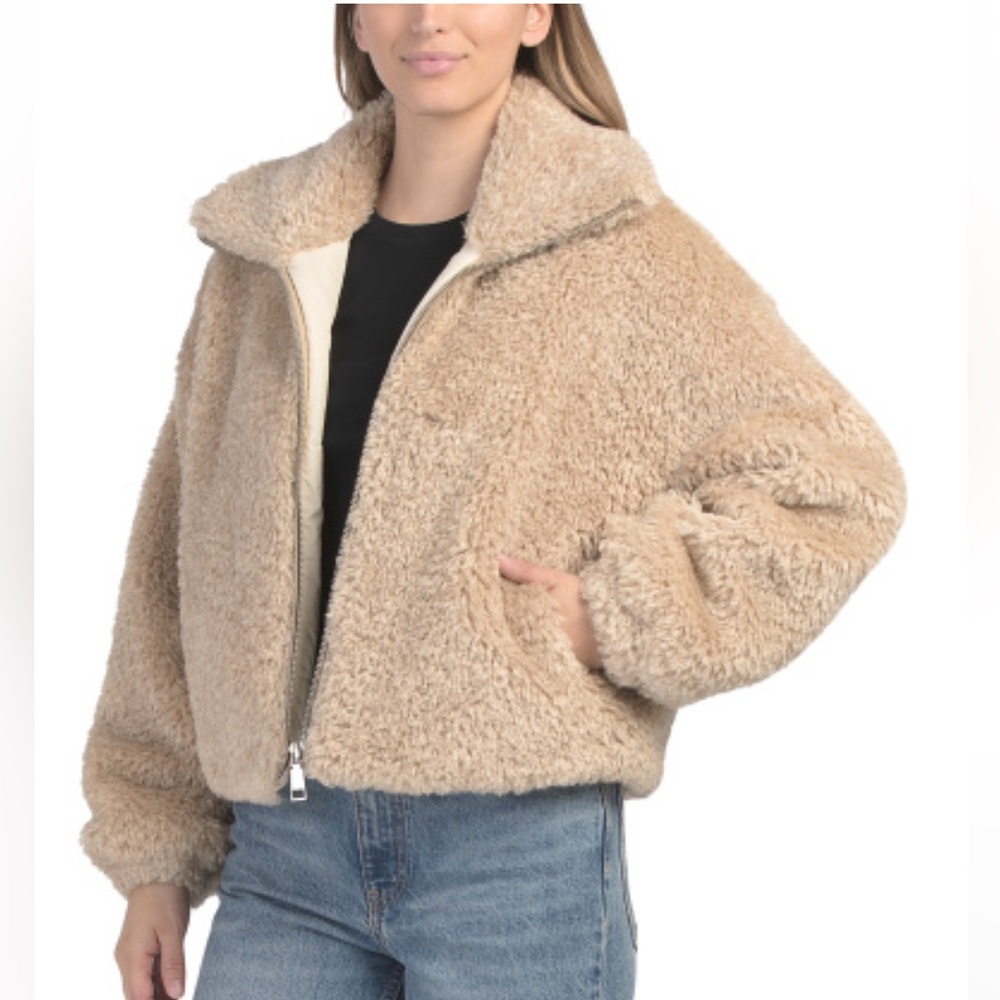 Rebecca Minkoff vegan fur cropped zip jacket cream natural coat NWT